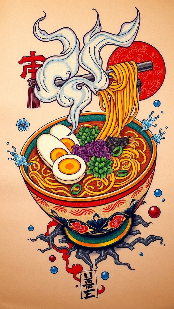 A detailed tattoo of a bowl of ramen noodles with toppings, showcasing artistic flair.